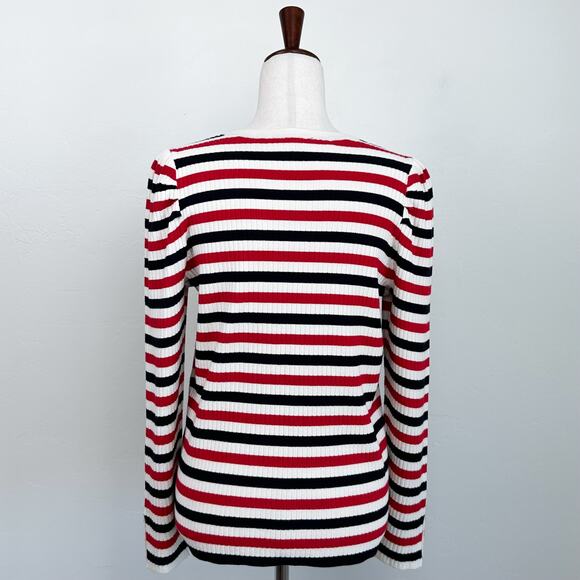 Talbots Red Stripe Puff Sleeve Rib Knit Crewneck Sweater - Picture 8 of 10